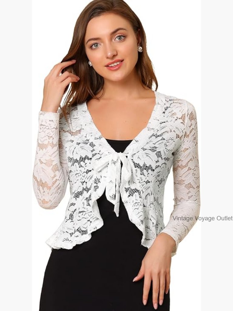 Lace Crop Shrug Cardigan Tie Front Ruffled Formal Wedding Shrugs